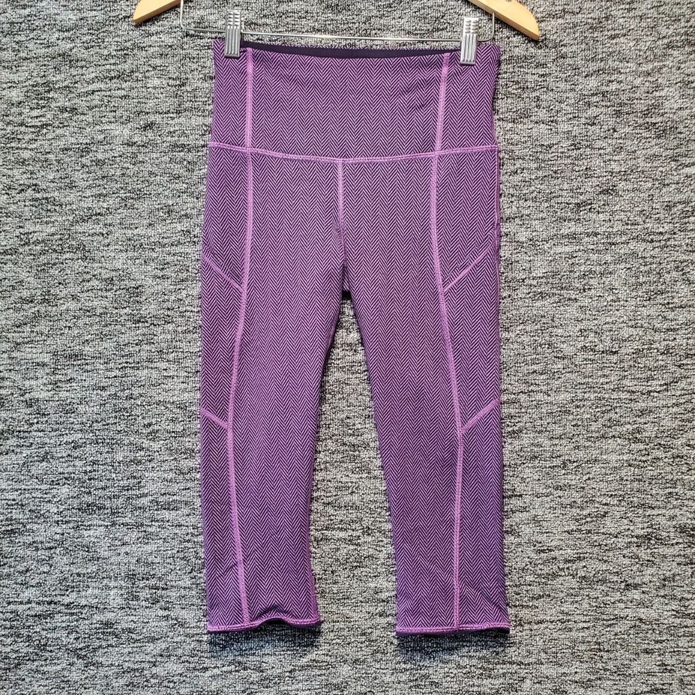 Lululemon Size 4 Purple Herringbone Rebel Runner Crop Capri Leggings Pockets Gym